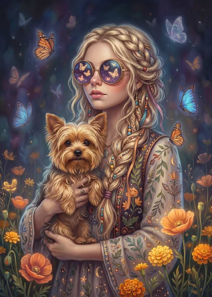 Hippie Girl with Dog and Butterflies