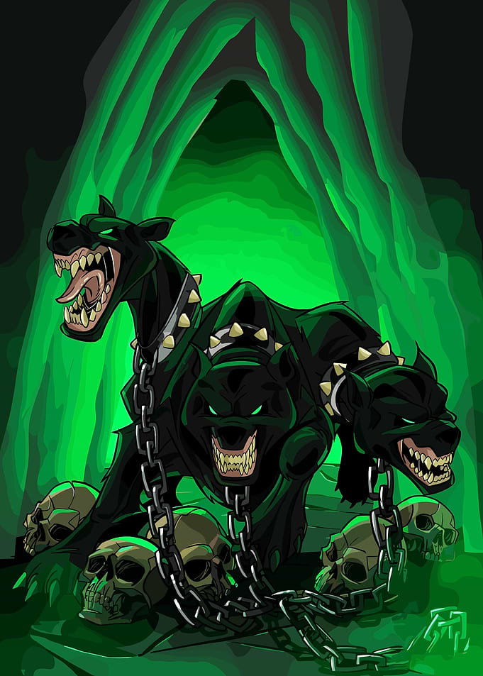 Three-headed Cerberus in a cave