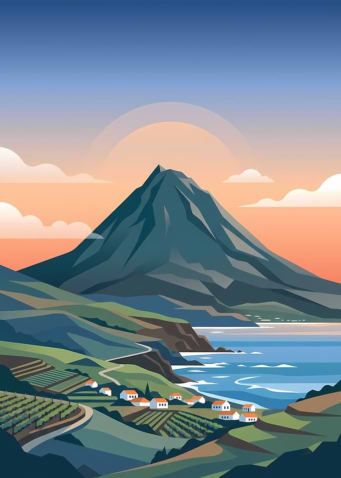 Volcanic Island Village at Sunset