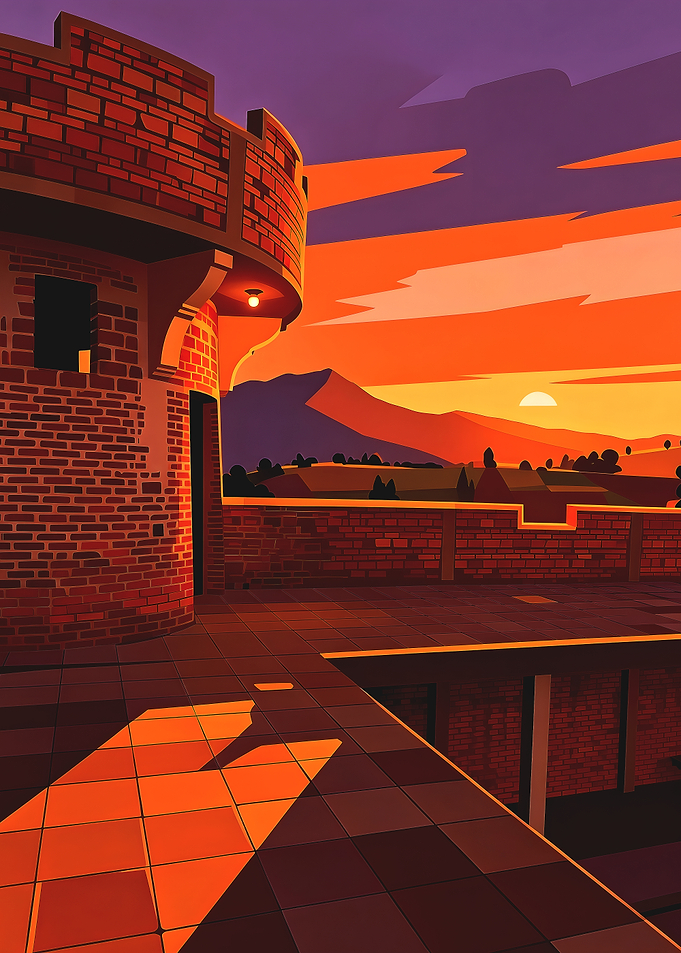 Sunset over a brick tower and landscape