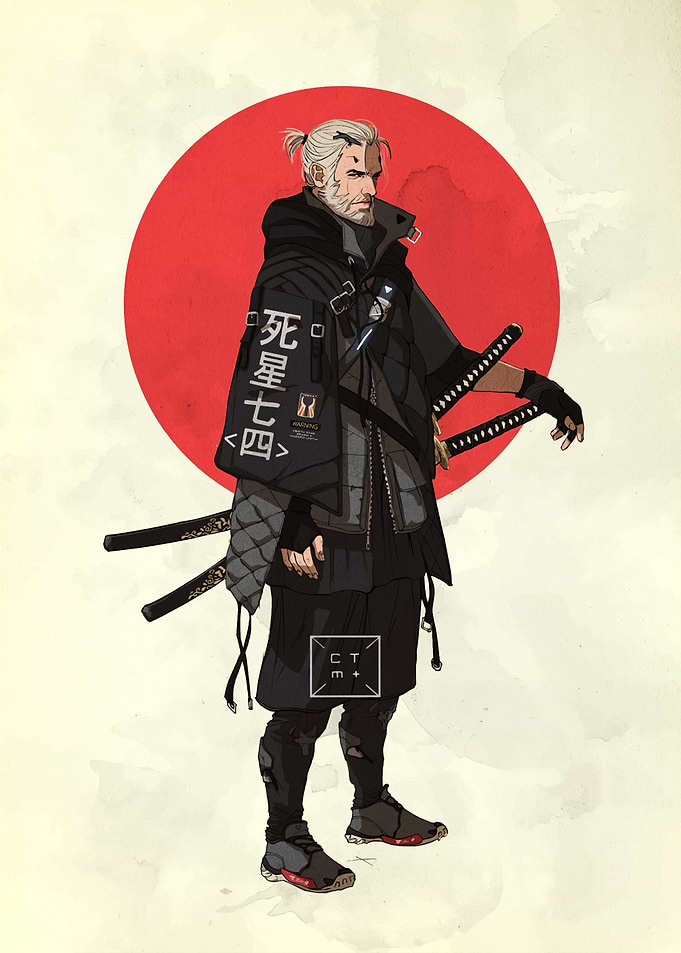 Cyberpunk Samurai with Japanese Sun