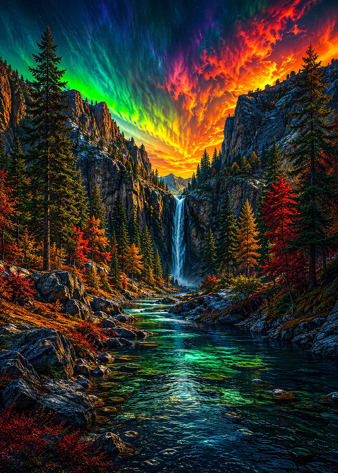 Aurora Borealis Over Waterfall