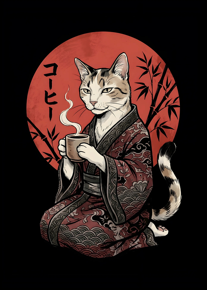 Cat in Kimono Drinking Coffee