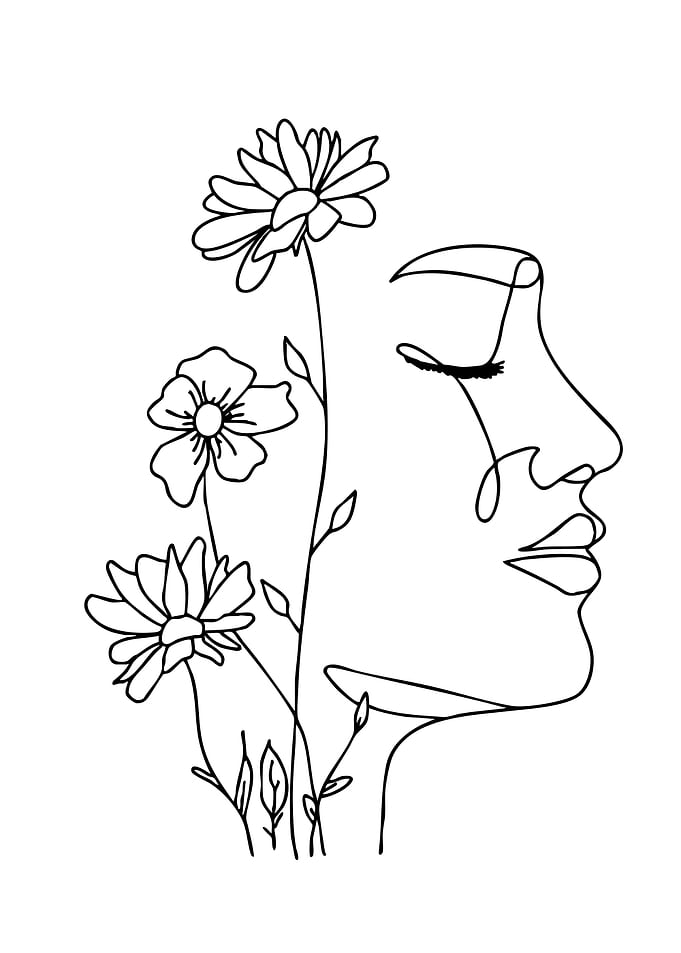 Line Art Woman Face with Flowers