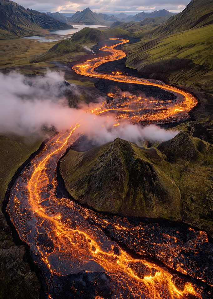 Lava Flow Through Volcanic Landscape