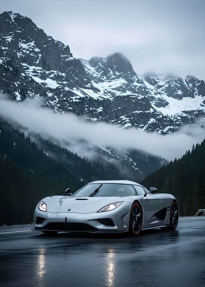 Silver Sports Car in Snowy Mountains
