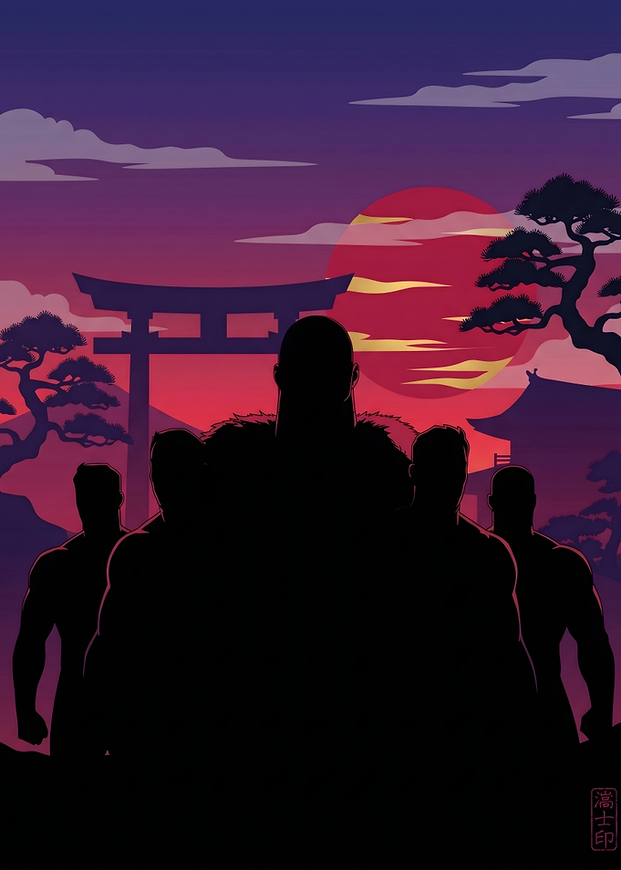 Silhouettes of warriors at sunset
