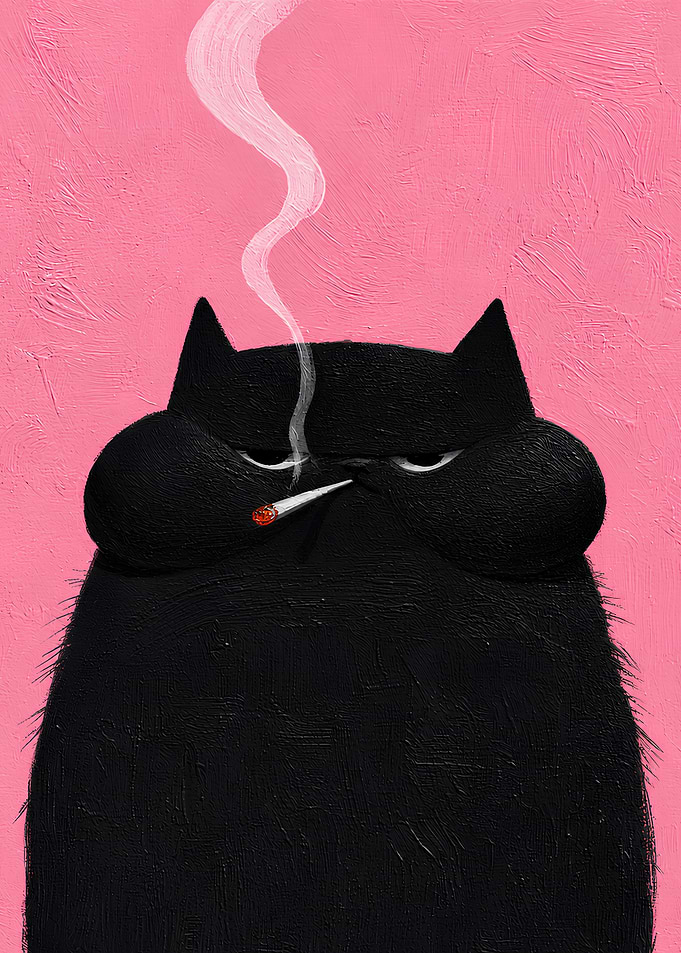 Grumpy Black Cat with a Cigarette