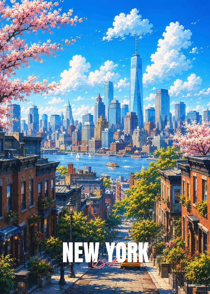 New York City Skyline with Cherry Blossoms