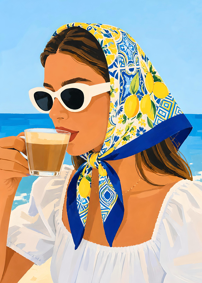 Woman with Scarf Drinking Coffee by the Sea