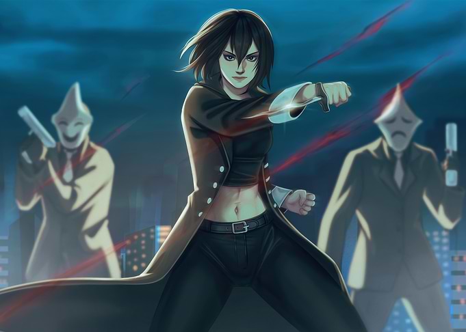 Anime Woman Fighting Masked Figures