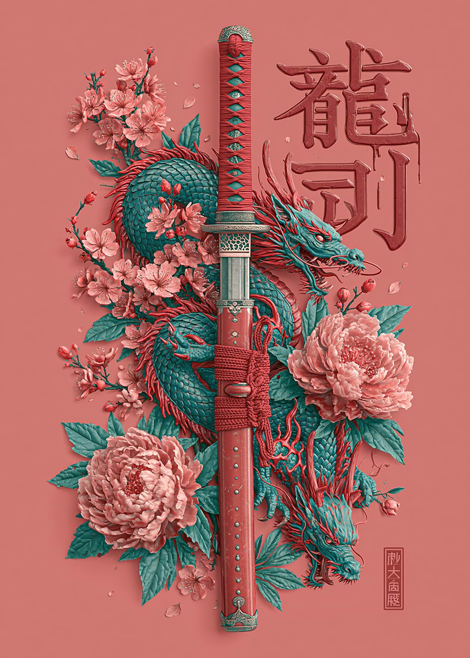 Dragon and Katana with Flowers