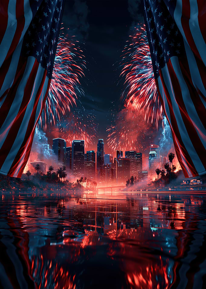 American Cityscape Fireworks Reflection