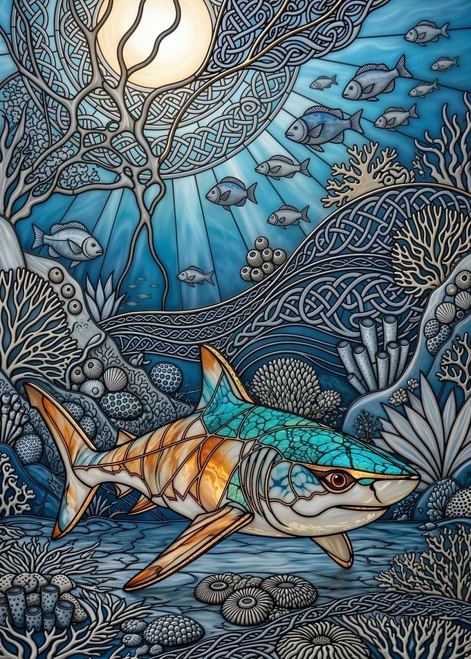 Stained Glass Shark – Celtic Ocean Dream – Abstract Fantasy #156