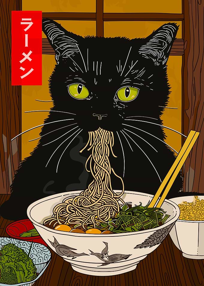Black Cat Eating Ramen