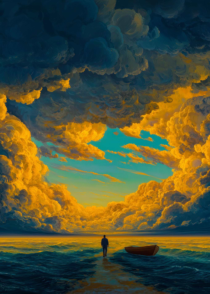 Man Walking Towards Dramatic Sky
