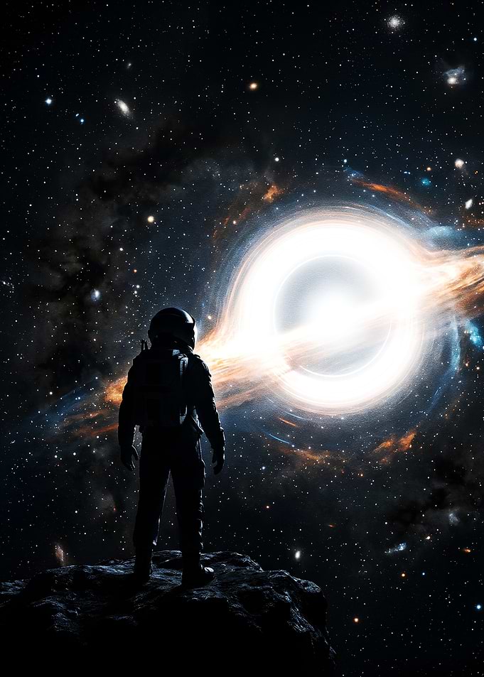 Astronaut gazes at a black hole