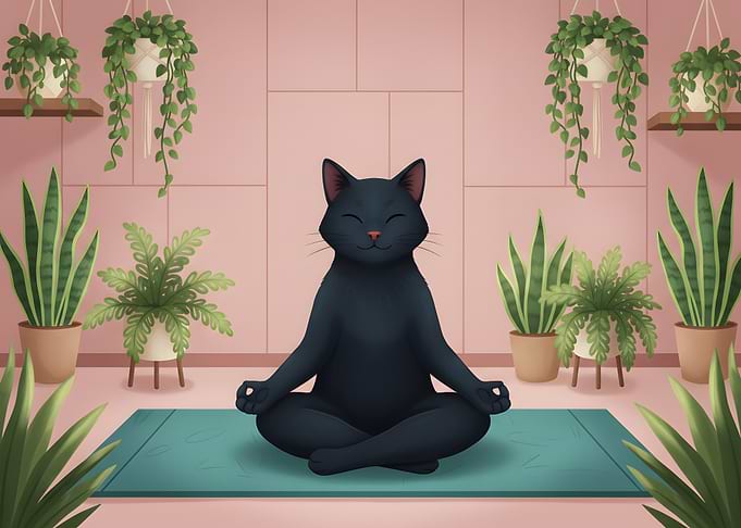 Black Cat Meditating Among Plants