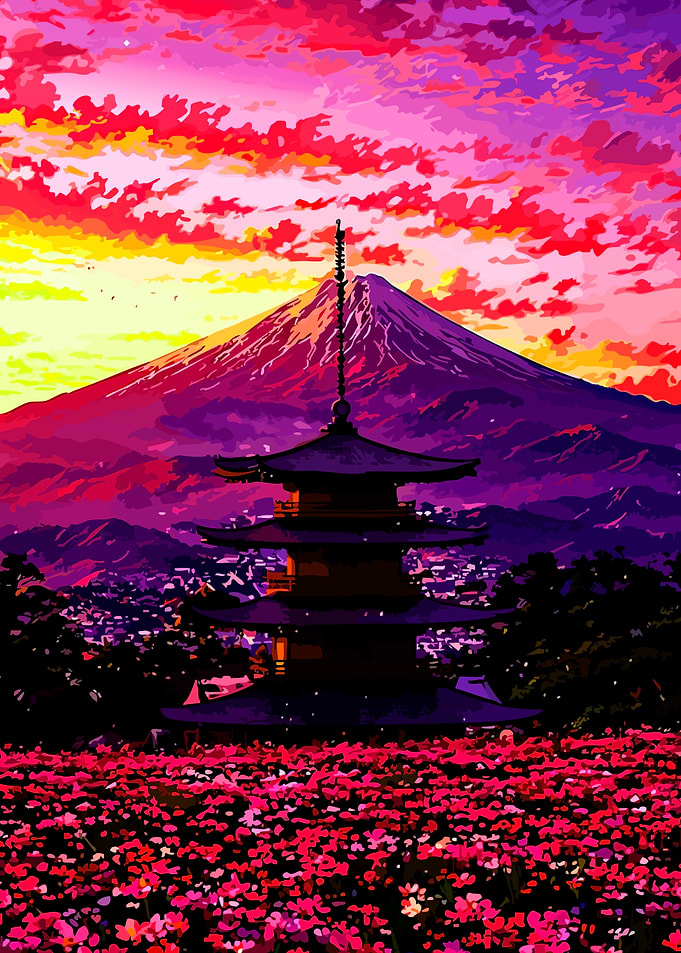 Pagoda and Mount Fuji at Sunset