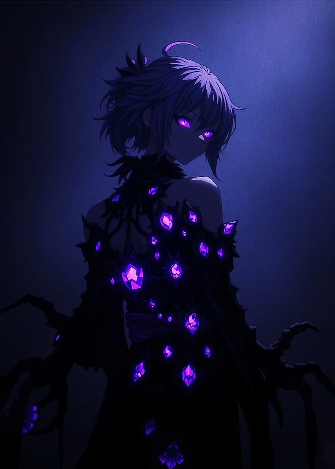 Dark Anime Character with Purple Gems
