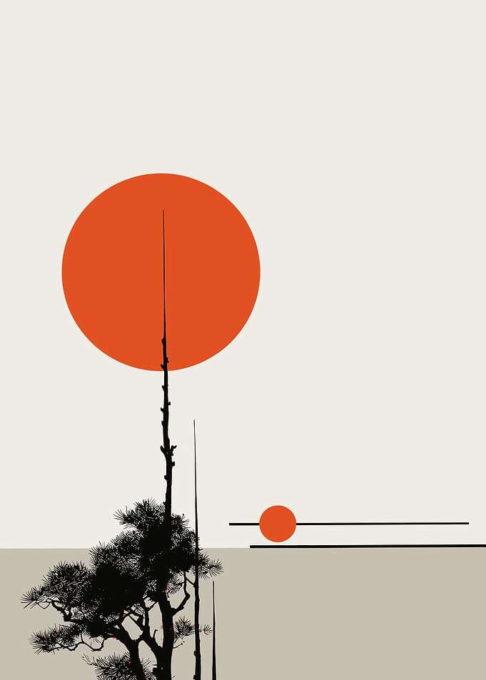 Minimalist Japanese Landscape with Sun and Tree
