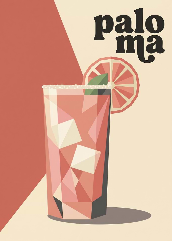 Grapefruit Paloma Cocktail Geometric Illustration Pink Coral Retro Bartender Kitchen Bar