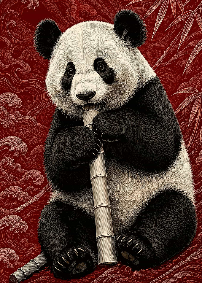 Panda Eating Bamboo with Red Background