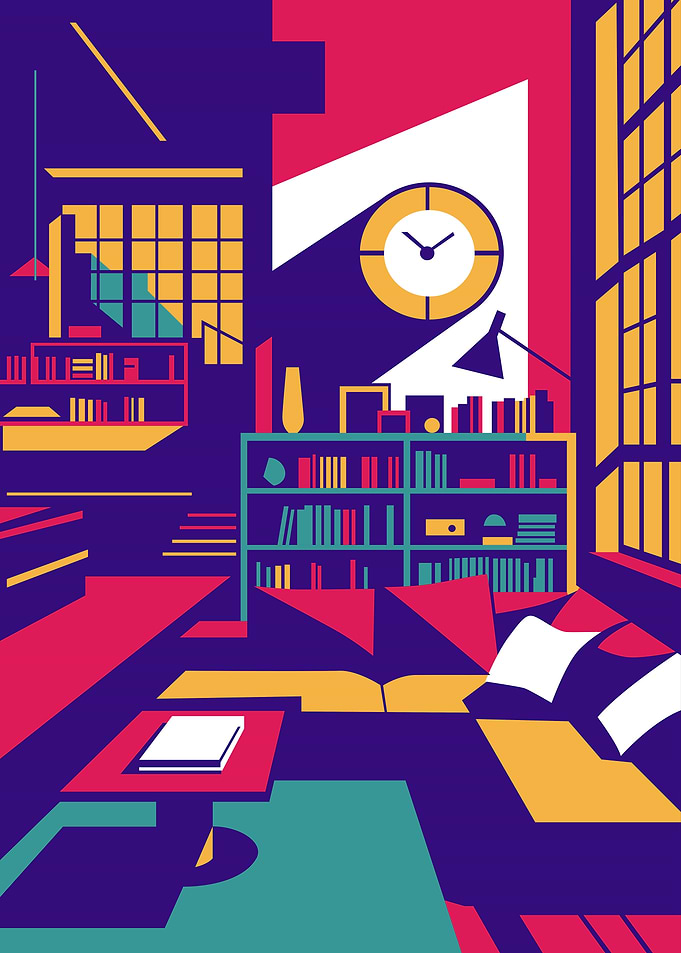 Modern Living Room with Bookshelf and Clock