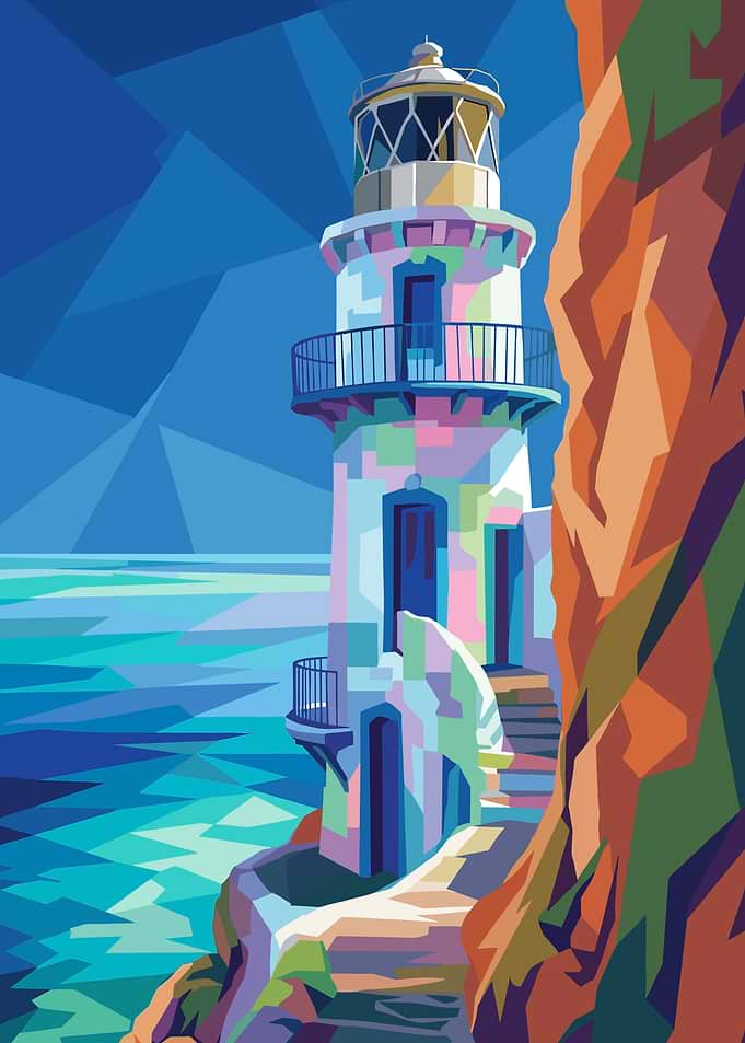 Geometric Lighthouse on a Cliff