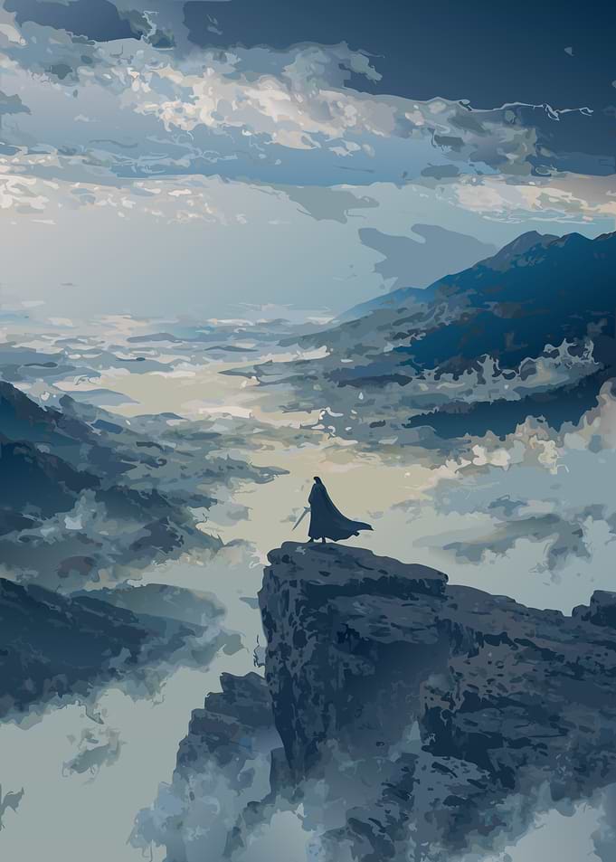 Lone figure on a cliff overlooking misty mountains