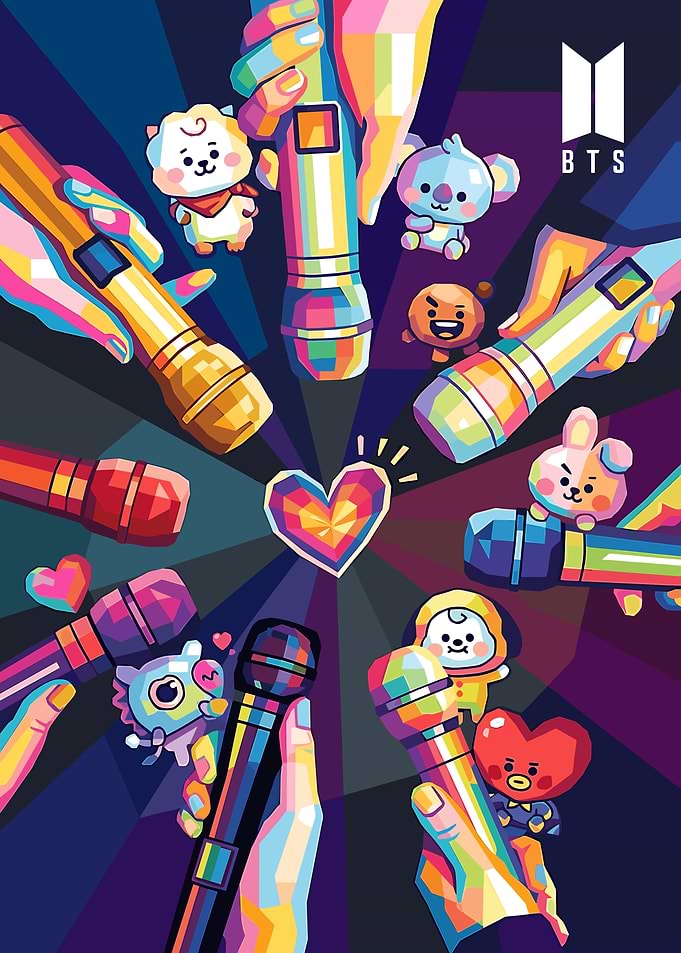 BTS Characters with Microphones and Heart