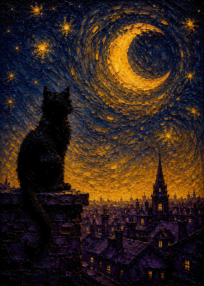Black Cat on Rooftop Under Crescent Moon