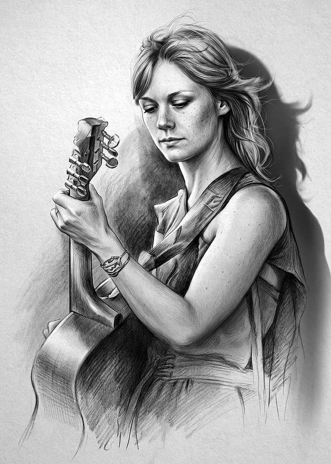Pencil Sketch of a Woman with Guitar