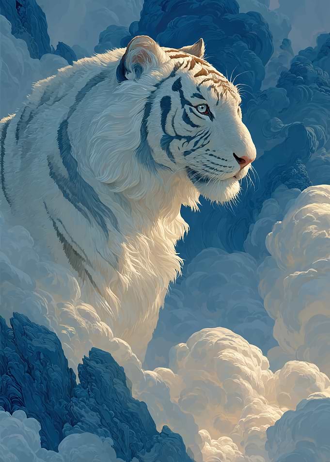 Majestic White Tiger in Clouds