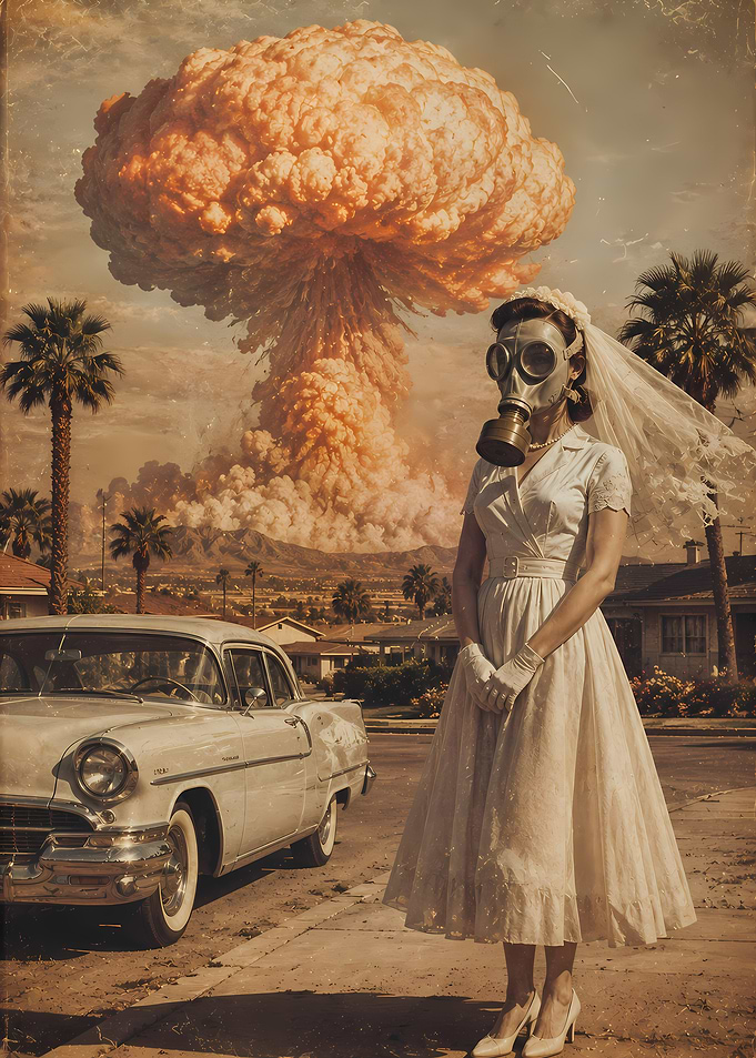 Bride in Gas Mask with Nuclear Explosion