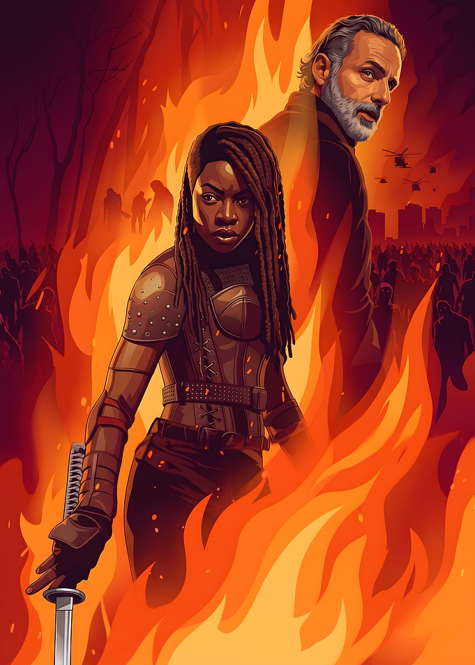 Michonne and Rick in a fiery apocalypse