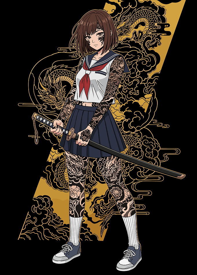 Tattooed Schoolgirl with Katana