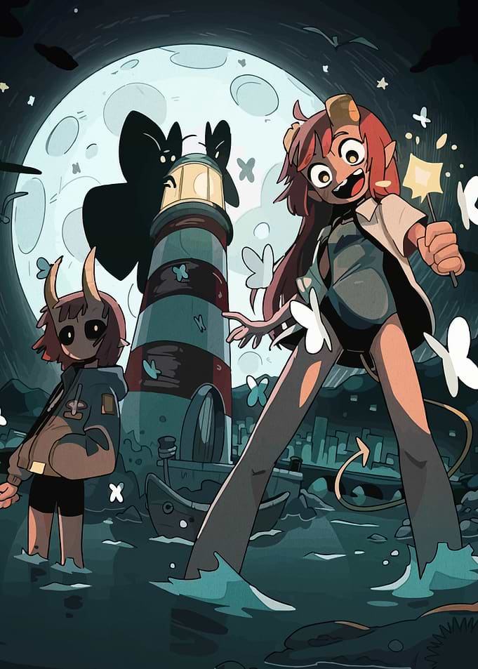 Demonic girls by a lighthouse under the moon