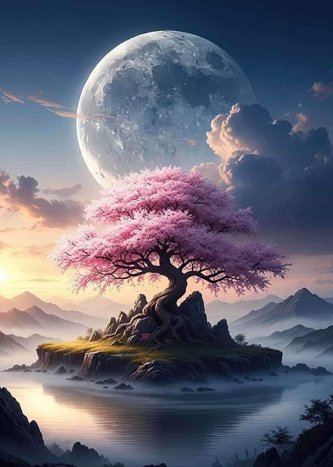 Enchanting Cherry Blossom Island Under a Giant Moon