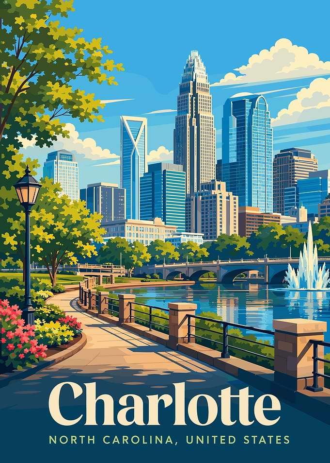 Charlotte Skyline with Park and Fountain