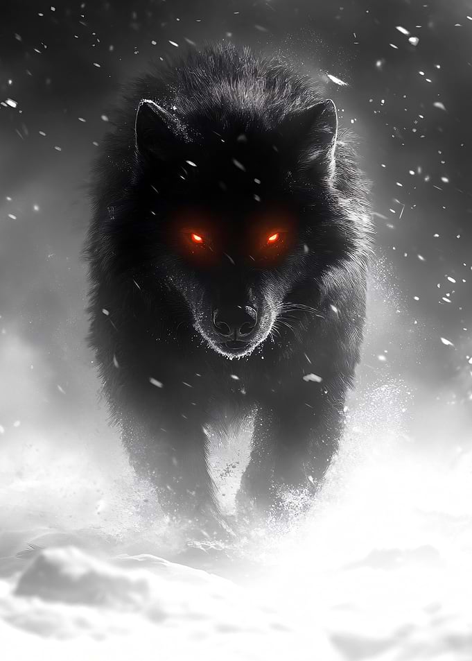 Menacing Black Wolf with Glowing Eyes
