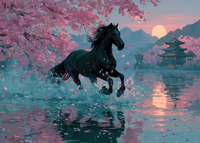 Black Horse Running Through Cherry Blossoms