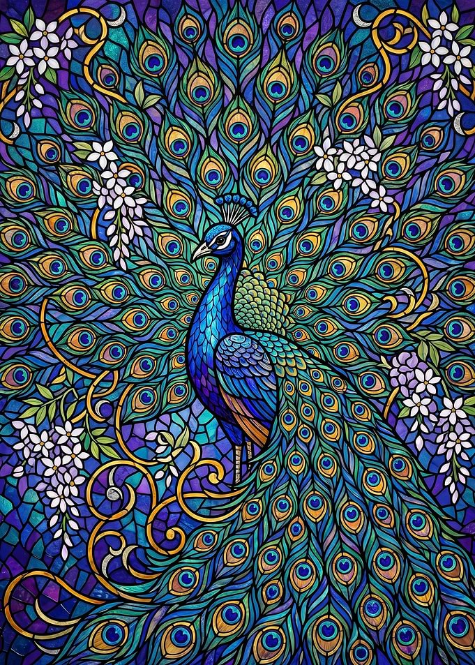 Stained Glass Peacock with Flowers