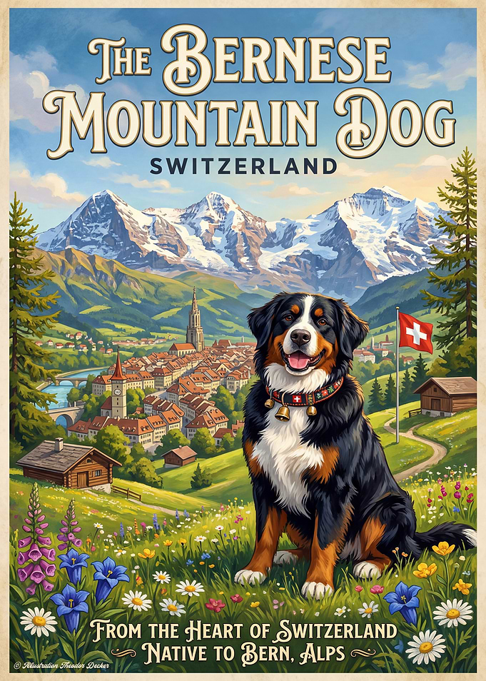 Bernese Mountain Dog in Swiss Alps