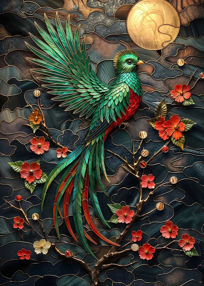Resplendent Quetzal Bird with Flowers