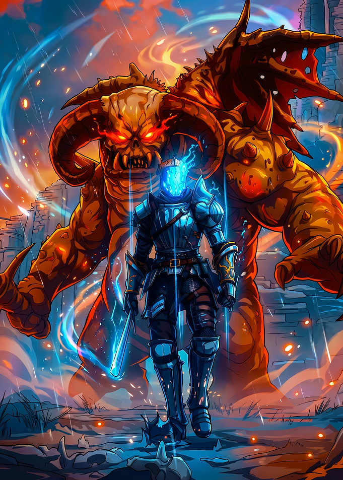 Knight and Demon in Fiery Landscape