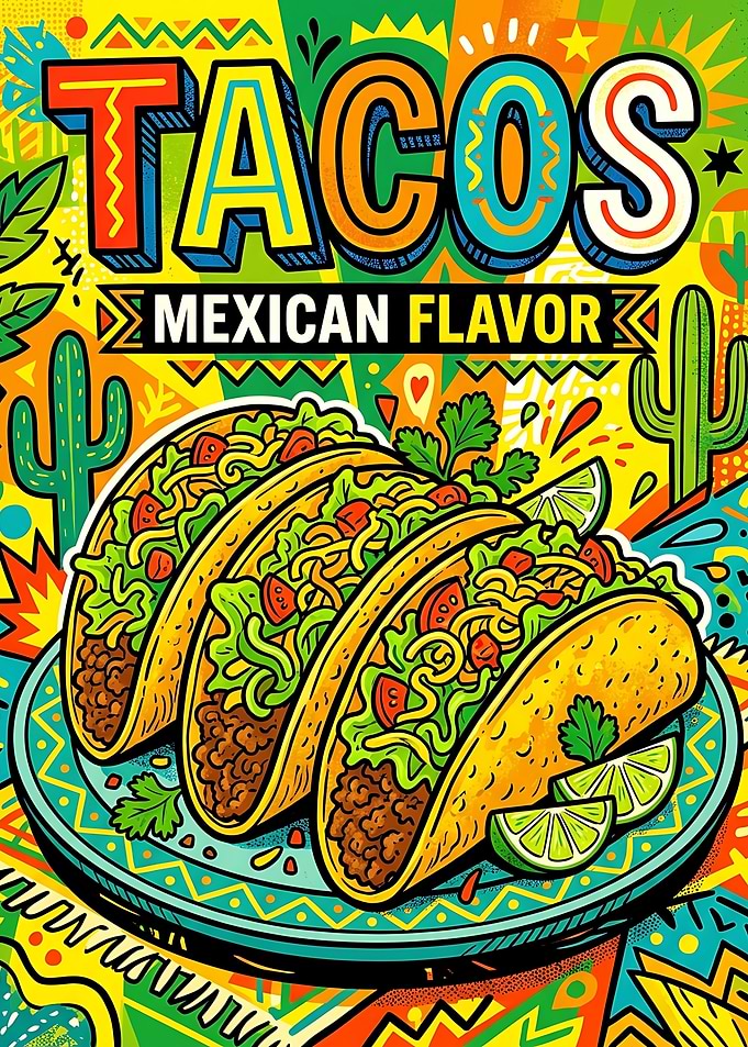 Vibrant Taco Illustration with Mexican Flavor Text