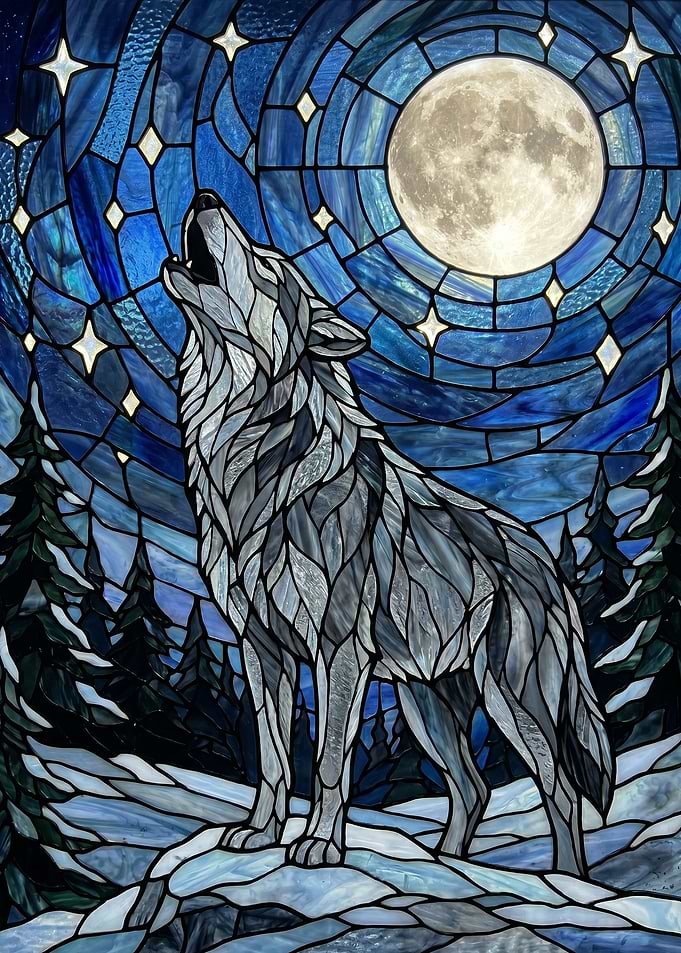 Stained Glass Wolf Howling at Moon
