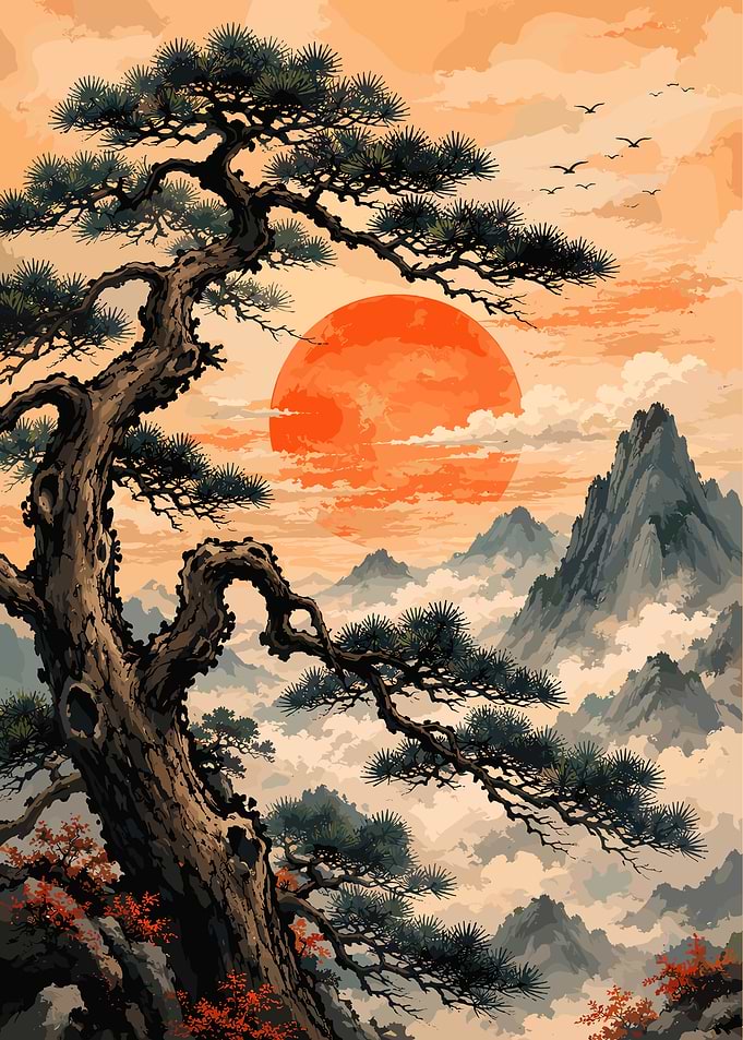 Misty Mountains and Pine Tree at Sunset