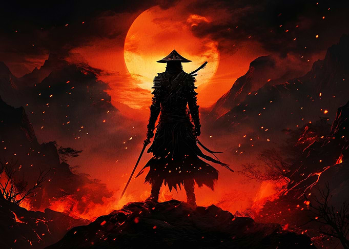 Samurai Warrior in Fiery Landscape